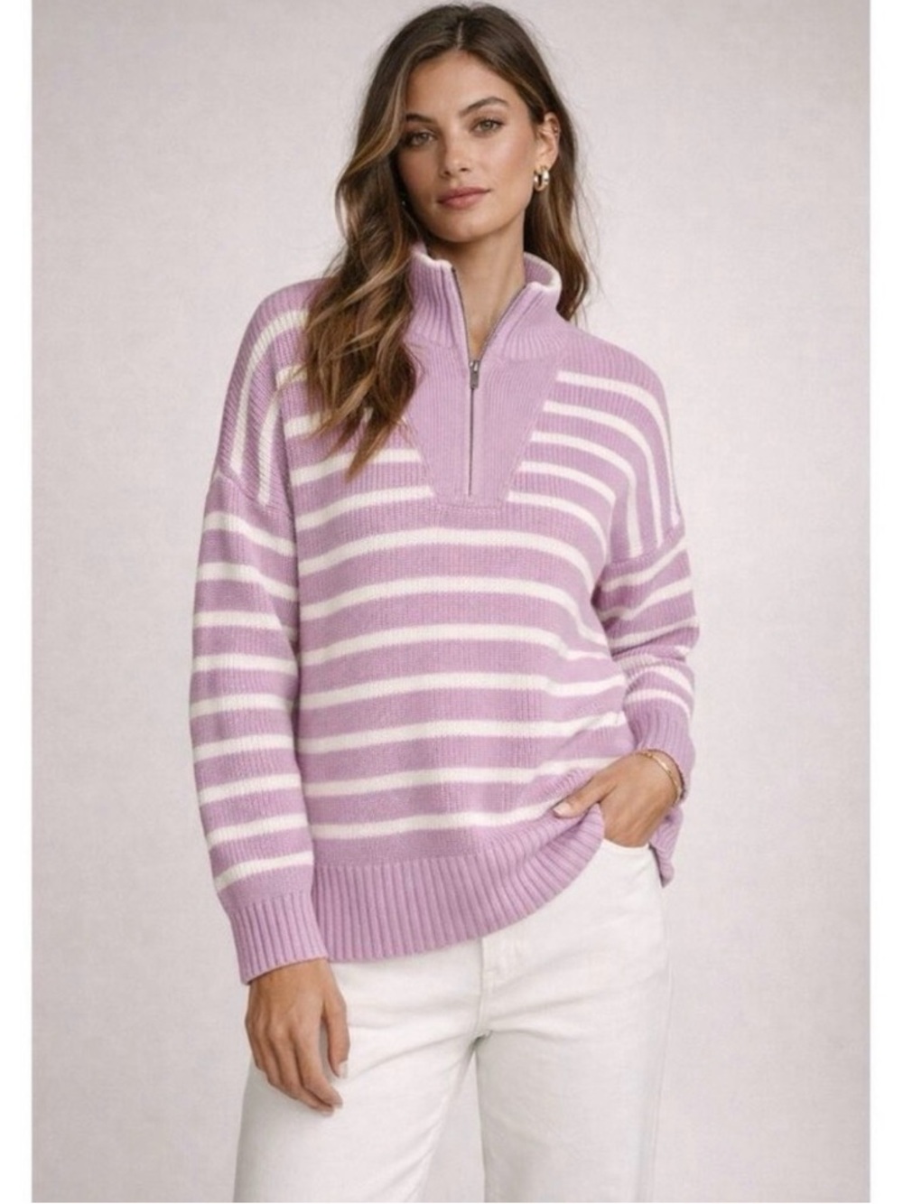 Land’s End Drifter 100% Cotton striped Quarter zip sweater in lavender small